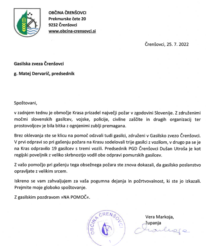Zahvala gasilcem